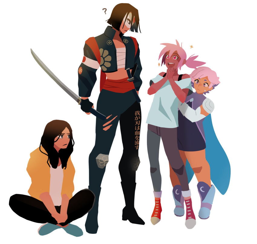 4girls ? bad_id bad_twitter_id commentary_request crossover dc_comics glimmer_(she-ra) highres holding holding_sword holding_weapon katana katana_(dc) kipo_and_the_age_of_wonderbeasts kipo_oak multiple_crossover multiple_girls she-ra_and_the_princesses_of_power sitting sparkle standing suicide_squad sweatdrop sword takamizo the_boys the_female_(the_boys) voice_actor_connection weapon white_background