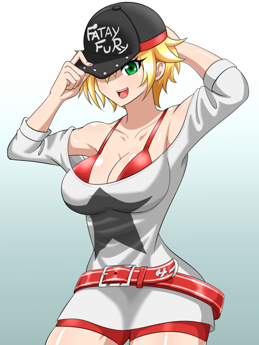 adjusting_clothes adjusting_headwear alice_garnet_nakata arm_behind_head belt blonde_hair blush breasts cleavage collarbone cowboy_shot fatal_fury female green_eyes highres open_mouth short_hair simple_background smile solo the_king_of_fighters yensh