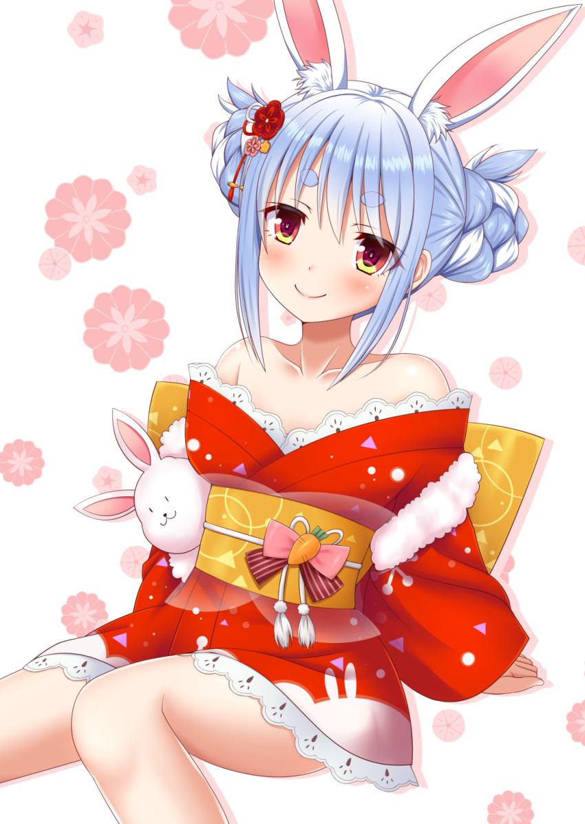 alpha_transparency alternate_costume animal_ear_fluff animal_ears bare_shoulders blue_hair blush closed_mouth collarbone commentary_request extra_ears feet_out_of_frame female floral_background hair_between_eyes highres hololive japanese_clothes ki_(kk-sk-ray) kimono long_hair long_sleeves looking_at_viewer multicolored_hair obi off_shoulder official_alternate_costume rabbit_ears red_eyes red_kimono sash short_eyebrows sidelocks sleeves_past_wrists smile solo thick_eyebrows transparent_background two-tone_hair usada_pekora usada_pekora_(new_year) virtual_youtuber white_hair wide_sleeves