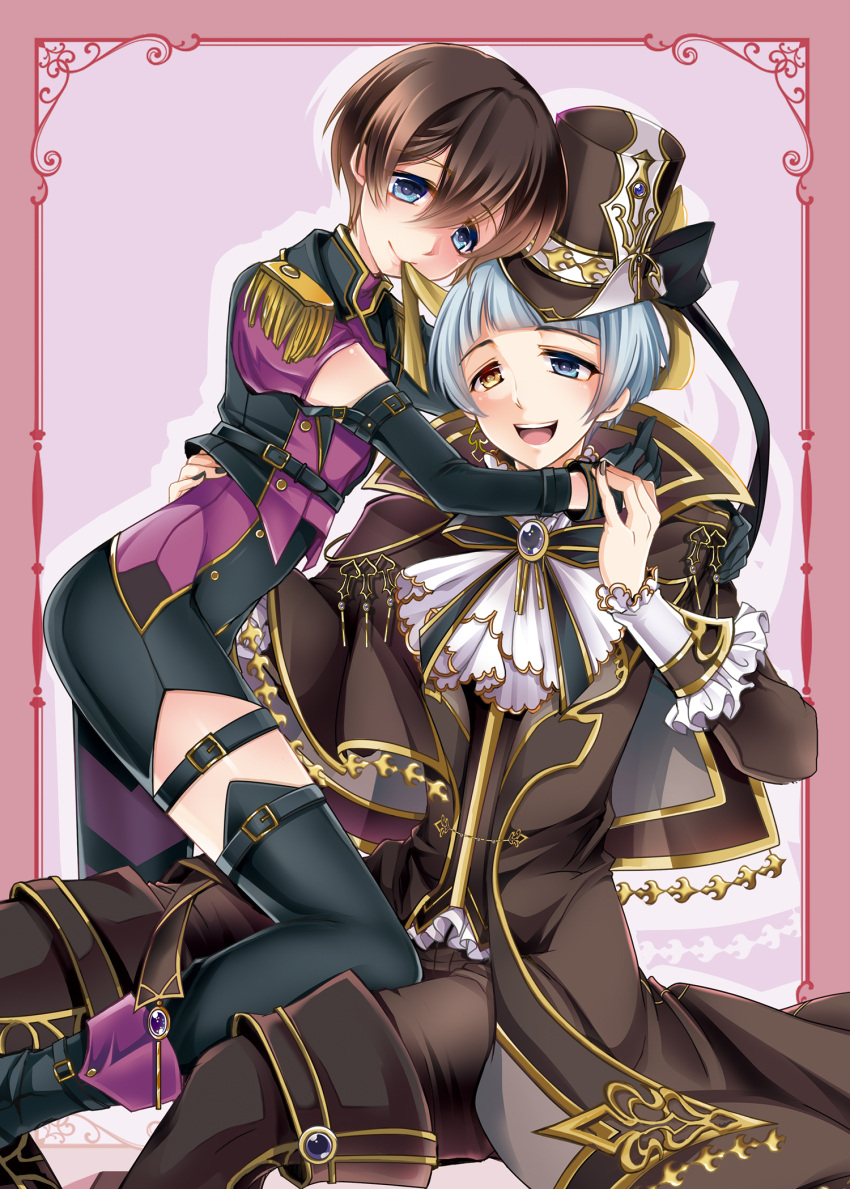 2boys androgynous baber_(i-chu) black_thighhighs blue_eyes blunt_bangs brown_hair cosplay costume_switch eva_armstrong garter_straps gloves hat heterochromia highres i-chu long_sleeves looking_at_viewer male_focus multiple_boys na0831 orange_eyes short_hair thighhighs top_hat white_hair yaoi