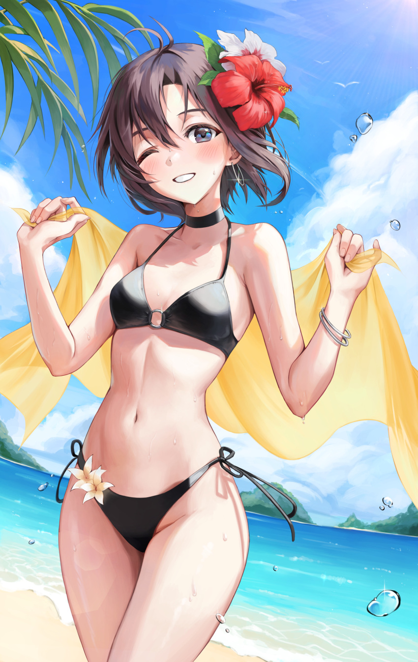 antenna_hair bad_id bad_pixiv_id beach bikini black_bikini black_choker black_hair blue_sky breasts choker cloud day female flower grey_eyes hair_flower hair_ornament hd_(sw4189101) hibiscus highres horizon idolmaster idolmaster_(classic) kikuchi_makoto looking_at_viewer ocean one_eye_closed outdoors parted_lips short_hair sky small_breasts smile solo standing swimsuit