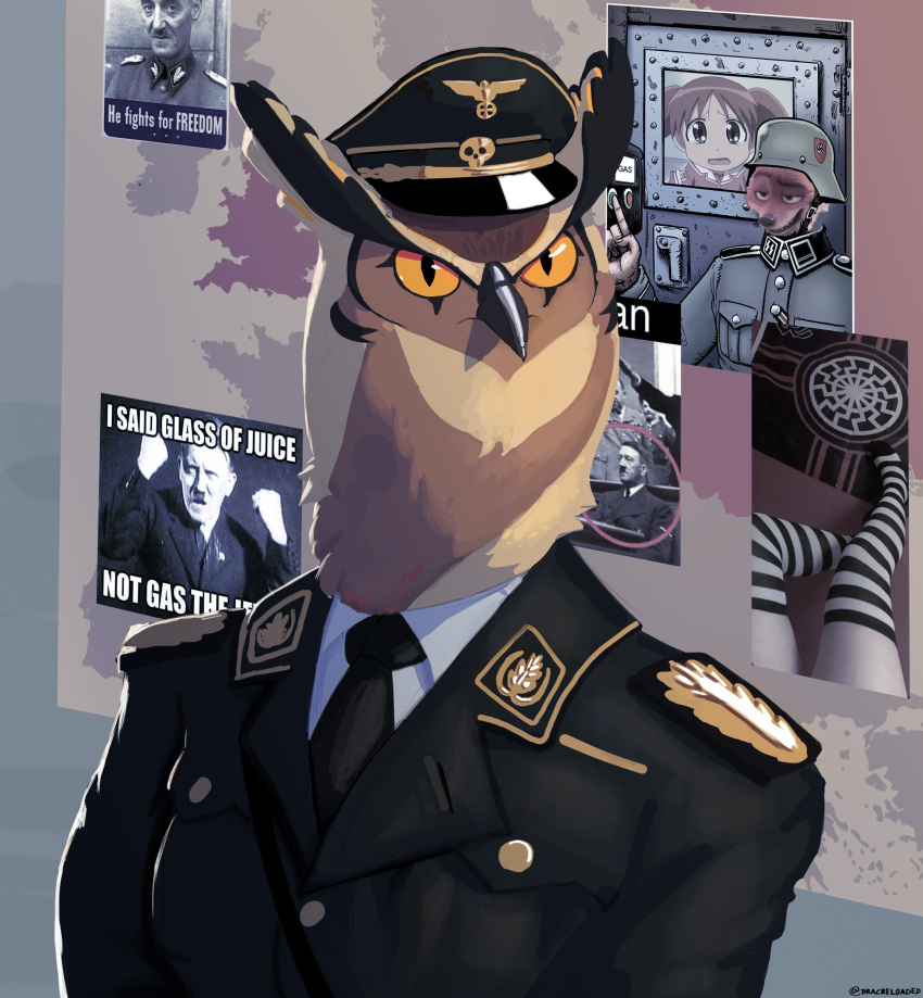 absurd_res adolf_hitler anthro avian azumanga_daiou bird black_sun canid canine clothing digital_media_(artwork) disney dracreloaded english_text fox germany hat headgear headwear hearts_of_iron_4 hi_res human male mammal map meme military military_cap military_uniform nazi nazi_uniform nick_wilde oskar_dirlewanger owl partieiadler poster shin_(b-mashina) shitpost solo text totenkopf uniform world_war_2 zootopia