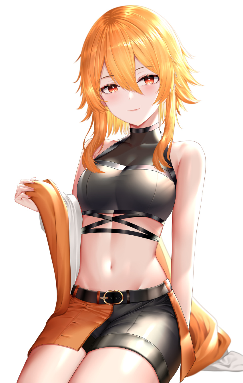 absurdres bare_shoulders belt black_shirt black_shorts breasts closed_mouth crop_top cross-shaped_pupils female half-skirt hand_up highres indie_virtual_youtuber jacket kaheru_(vtuber) looking_at_viewer medium_breasts midriff navel off_shoulder orange_hair orange_jacket r3d red_eyes shirt short_hair_with_long_locks short_shorts shorts sitting sleeveless sleeveless_shirt smile solo stomach symbol-shaped_pupils thighs transparent_background two-tone_shorts virtual_youtuber