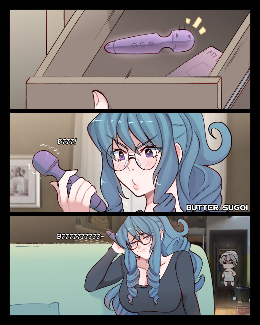 <o>_<o> +_+ 2girls blue_hair butter_sugoi commentary couch drawer drill_hair glasses grey_hair half-closed_eyes hallway highres hitachi_magic_wand long_hair multiple_girls naked_towel original photo_background purple_eyes sex_toy sidelocks sitting towel towel_on_head trash_can vibrator wet