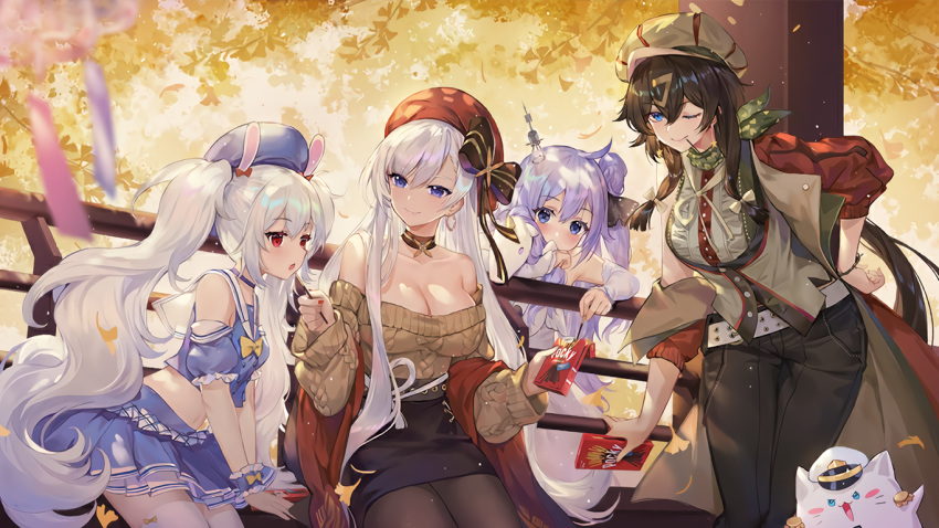 animal animal_ears ark_royal_(azur_lane) autumn azur_lane belfast_(azur_lane) blue_eyes breasts brown_hair bunny_ears chocolate cleavage criin_(659503) cropped dress feline food hat horse laffey_(azur_lane) long_hair pantyhose ponytail purple_eyes purple_hair red_eyes ribbons scarf tree twintails unicorn unicorn_(azur_lane) waifu2x white_hair