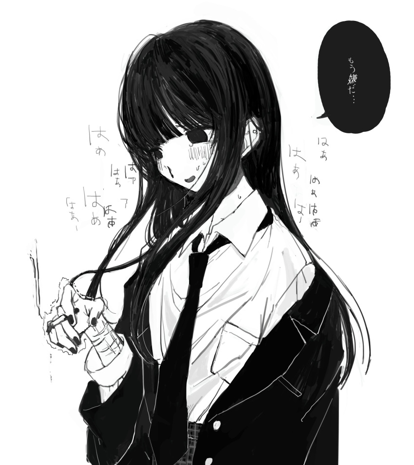 blazer blood blunt_bangs blush cigarette ear_piercing female floating_hair furrowed_brow greyscale hand_up highres holding holding_cigarette jacket jacket_partially_removed laughing long_hair long_sleeves looking_down loose_necktie monochrome multiple_scars nail_polish necktie nervous_smile noroi_(rnatataki) nosebleed open_clothes open_jacket original piercing plaid plaid_skirt raised_eyebrows scar scar_on_arm school_uniform self-harm_scar shirt_tucked_in skirt smile smoke solo speech_bubble sweat tearing_up translation_request trembling upper_body