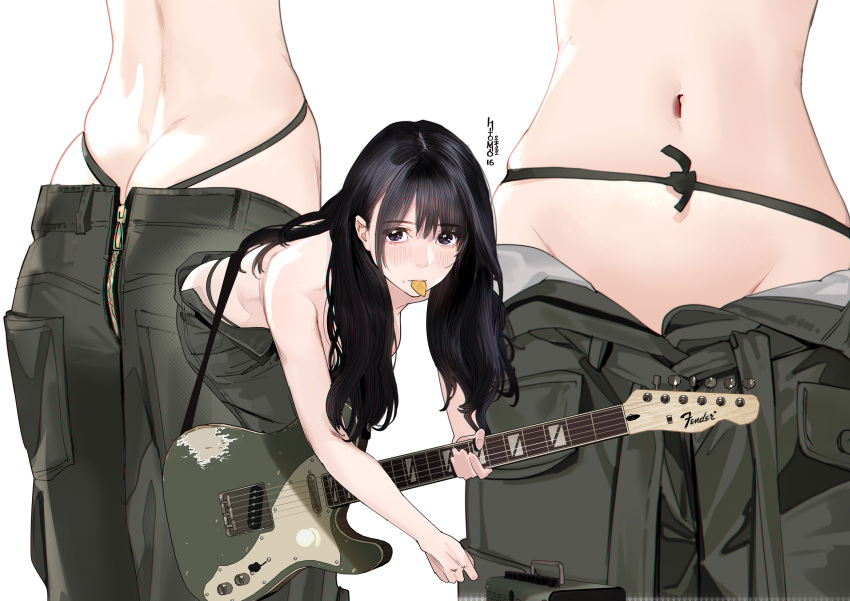 artist_name black_eyes black_hair breasts butt_crack commentary electric_guitar female fender_musical_instruments_corporation fender_telecaster groin guitar guitar_little_sister_(hitomi_o) hanging_breasts highres hitomi_o holding holding_guitar holding_instrument instrument long_hair looking_at_viewer multiple_views navel original pants plectrum plectrum_in_mouth simple_background topless white_background zipper