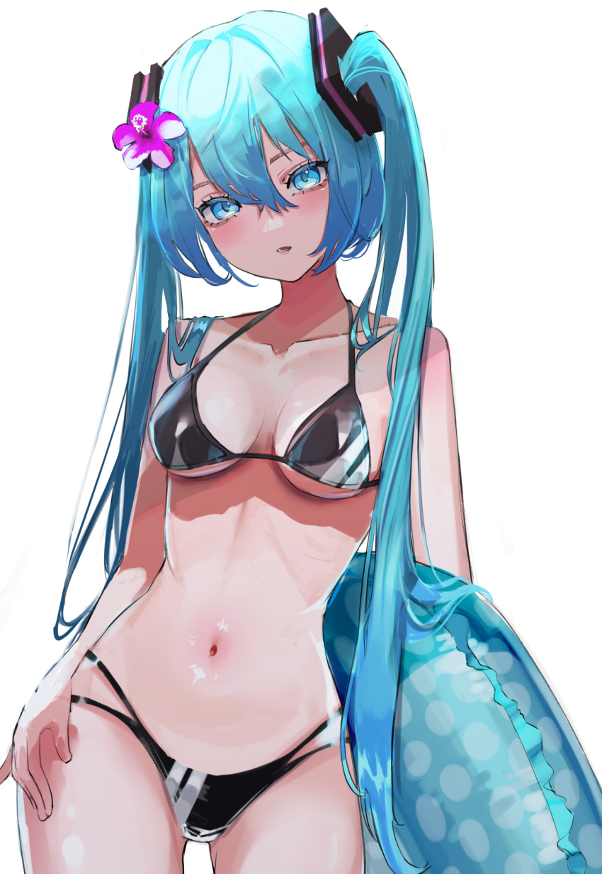 aqua_eyes aqua_hair bikini black_bikini blue_archive breasts collarbone commentary contrapposto cosplay duplicate female flower hair_flower hair_ornament hatsune_miku hibiscus highres holding holding_swim_ring innertube iori_(blue_archive) iori_(blue_archive)_(cosplay) iori_(swimsuit)_(blue_archive) long_hair looking_at_viewer navel open_mouth pink_flower pixel-perfect_duplicate rerendi simple_background solo swim_ring swimsuit twintails very_long_hair vocaloid