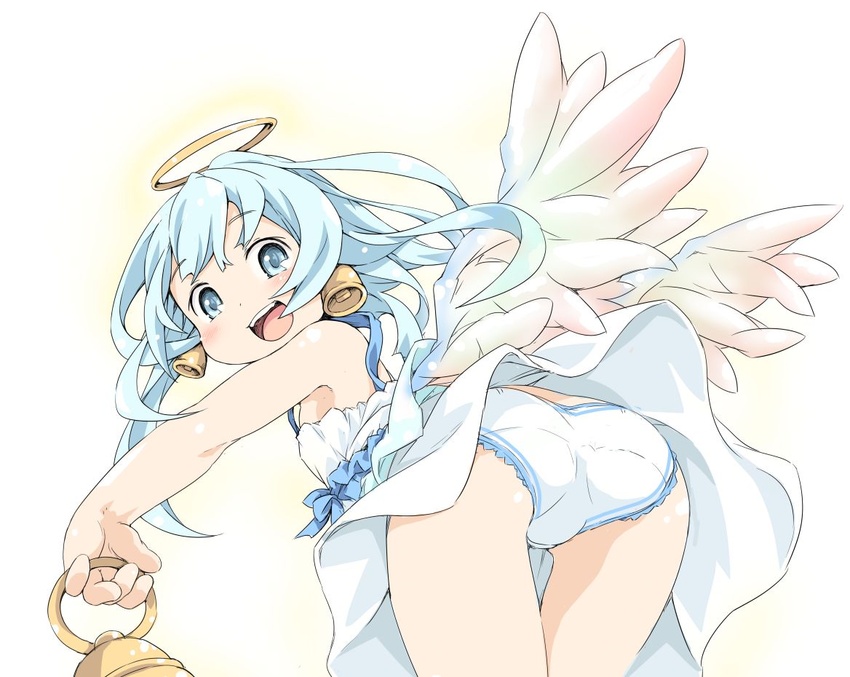 angel ass bad_id bad_twitter_id bell bellringer_angel bent_over blue_eyes blue_hair dress female frilled_panties frills halo ham_(points) light_blue_hair long_hair open_mouth panties shadowverse sleeveless sleeveless_dress solo thighs underwear white_dress white_panties wings