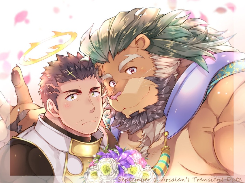 2boys animal_ears arsalan_(housamo) backlighting bara bare_pectorals beard black_bodysuit black_hair blush bodysuit bouquet brown_eyes brown_fur chest_hair close-up couple face-to-face facial_hair fingernails flower furry furry_male furry_with_non-furry green_hair halo interspecies large_pectorals lion_boy lion_ears looking_at_viewer male_focus mature_male medium_hair multiple_boys muscular muscular_male pectorals petals selfie sharp_fingernails short_hair skin_tight smile stubble tight_clothes tokyo_afterschool_summoners upper_body v wafu_(youzora_samo18) yaoi yellow_eyes zabaniyya_(housamo)