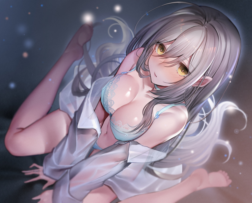 ahoge arm_support bare_shoulders barefoot blue_bra blue_panties bra breasts cleavage female grey_hair hair_between_eyes hanusu highres large_breasts long_hair long_sleeves navel off_shoulder original panties parted_lips shiny_skin shirt sidelocks sitting solo thighs underwear very_long_hair wariza yellow_eyes