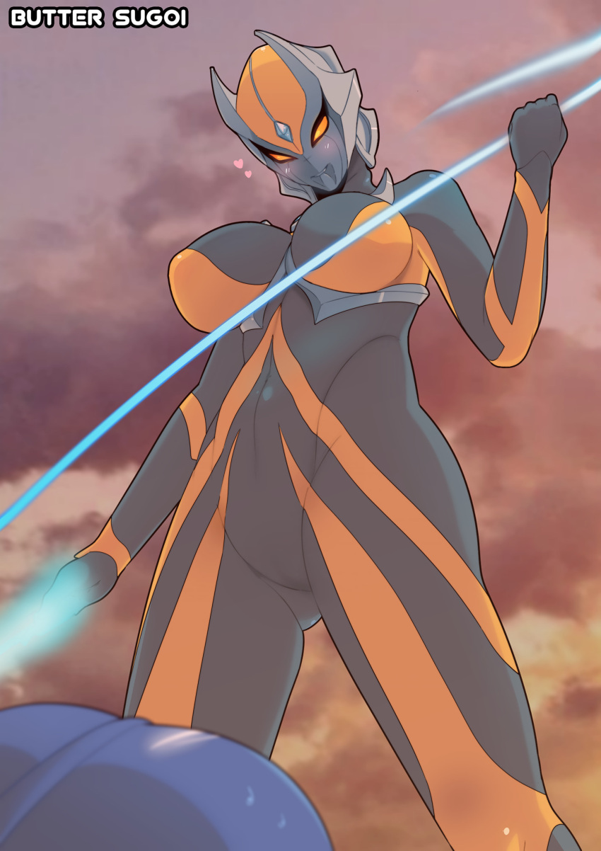 1boy alien artist_name ass_visible_through_thighs blush breasts butter_sugoi camearra cloud commentary energy_whip female from_below heart highres holding holding_whip large_breasts orange_eyes orange_sky sky tokusatsu ultra_series ultraman_tiga ultraman_tiga_(series)