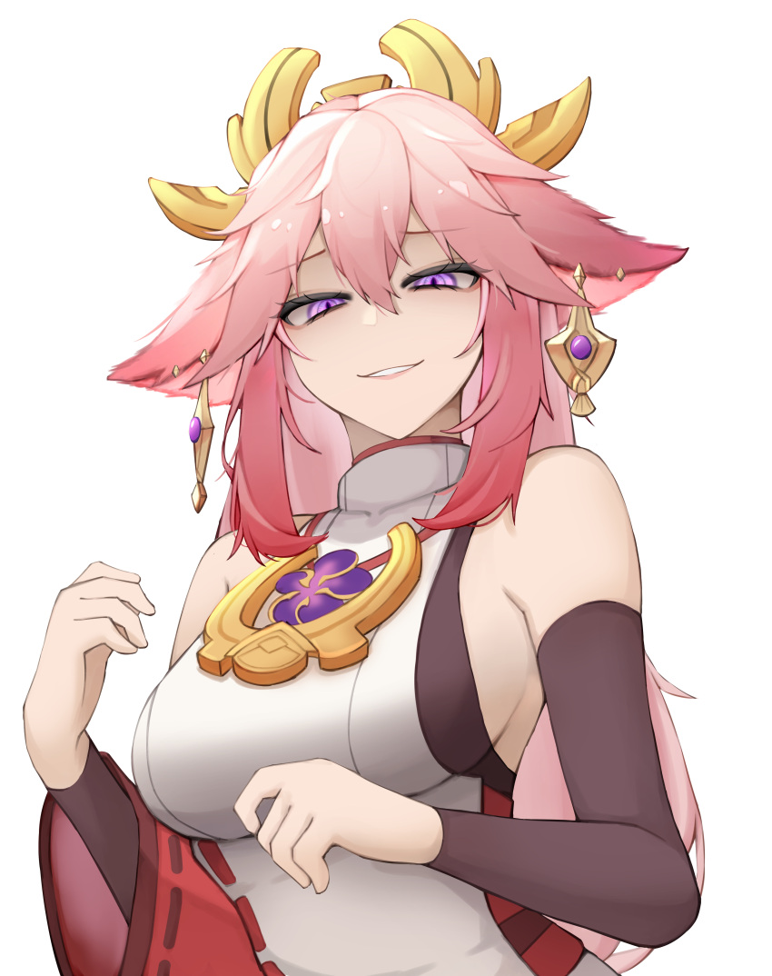 absurdres animal_ears bare_shoulders breasts commentary detached_sleeves earrings english_commentary female fox_ears genshin_impact hair_between_eyes hair_ornament highres japanese_clothes jewelry large_breasts long_hair looking_at_viewer open_mouth pink_hair purple_eyes simple_background single_detached_sleeve slit_pupils smile solo white_background wide_sleeves yae_miko yuu_azma