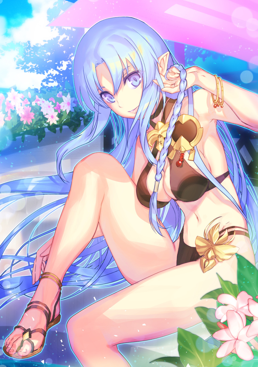 absurdres aikura_chihiro bikini bikini_day black_bikini blue_eyes blue_hair bracelet braid breasts fate/stay_night fate_(series) feet female flower foot_out_of_frame highres jewelry knee_up legs long_hair medea_(fate) navel pointy_ears sandals sitting swimsuit toenails toes