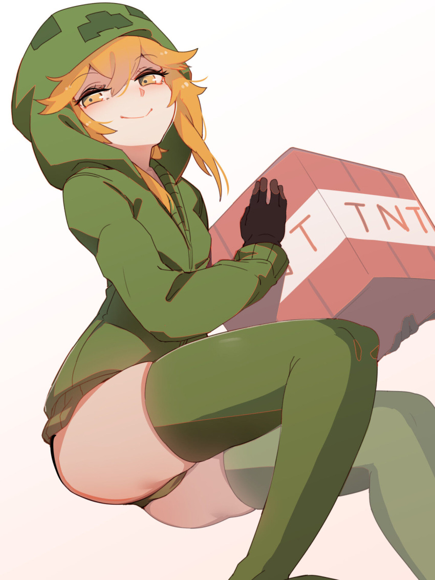 ass at2. black_gloves blonde_hair closed_mouth commentary_request creeparka creeper cupa_(at2.) explosive feet_out_of_frame female gloves green_hoodie green_panties green_thighhighs highres holding hood hood_up hoodie long_sleeves minecraft no_pants panties personification shaded_face short_hair_with_long_locks sidelocks simple_background smile solo thighhighs tnt tnt_block_(minecraft) underwear white_background yellow_eyes