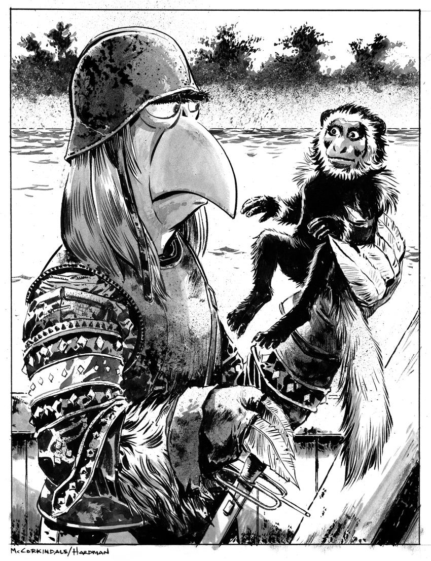 2020 accipitrid accipitriform aguirre:_the_wrath_of_god anthro armor avian bald_eagle beak bird black_and_white boat border bruce_mccorkindale cody_the_colobus_monkey colobinae colobus conquistador duo eagle feral forest gabriel_hardman greyscale hair haplorhine headgear helmet hi_res jungle long_hair long_tail male mammal monkey monochrome muppets old_world_monkey plant primate river sam_the_eagle sea_eagle signature tail the_animal_show the_muppet_show tree vehicle watercraft white_border