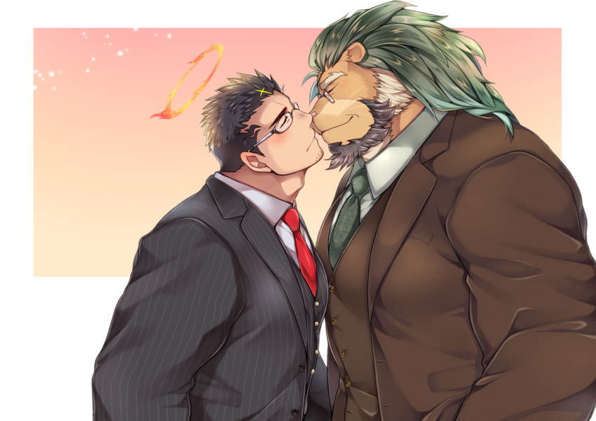 2boys alternate_costume animal_ears arsalan_(housamo) bara beard black_hair black_suit blush brown_fur brown_suit closed_eyes couple face-to-face facial_hair formal furry furry_male furry_with_non-furry green_hair green_necktie halo huge_pectorals imminent_kiss interspecies large_pectorals lion_boy lion_ears male_focus mature_male medium_hair multiple_boys muscular muscular_male necktie noses_touching official_alternate_costume pectoral_docking pectoral_press pectorals red_necktie short_hair striped_suit stubble suit tokyo_afterschool_summoners upper_body wafu_(youzora_samo18) yaoi zabaniyya_(housamo)