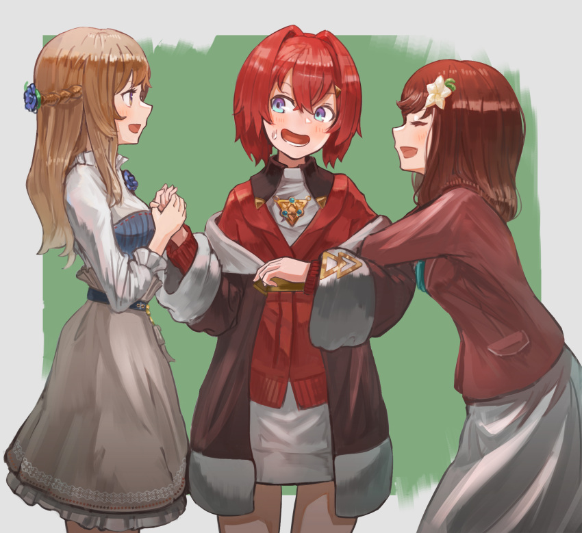 3girls ange_katrina ange_katrina_(1st_costume) blazer blue_eyes blue_flower blush braid brown_eyes brown_hair brown_jacket commentary_request crown_braid flower grey_skirt hair_flower hair_ornament hana_macchia hana_macchia_(1st_costume) highres holding_hands jacket long_hair looking_down medium_hair mitamaru_(hinontomaru) multiple_girls nijisanji nijisanji_id nijisanji_kr off_shoulder red_hair red_sweater shirt shirt_tucked_in short_hair skirt so_nagi so_nagi_(1st_costume) surprised sweater triangle_hair_ornament virtual_youtuber white_shirt