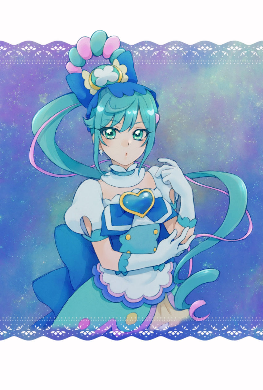 aizen_(syoshiyuki) back_bow blue_background blue_bow blue_eyes blue_hair blue_theme bow brooch cowboy_shot cure_spicy delicious_party_precure detached_collar earrings female fuwa_kokone gloves hair_ornament hair_rings hairbow heart heart_brooch highres huge_bow jewelry layered_skirt long_hair looking_at_viewer magical_girl multicolored_hair pink_hair ponytail precure skirt solo standing two-tone_hair white_gloves