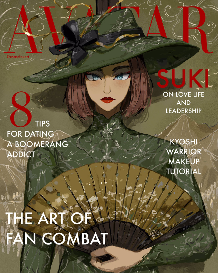 avatar:_the_last_airbender avatar_legends bad_id bad_twitter_id blue_eyes breasts chasefox chinese_clothes cover english_text eyeshadow facing_viewer fake_magazine_cover fashion female folding_fan hand_fan hat highres holding holding_fan lipstick magazine_cover makeup mascara mismatched_eyebrows red_eyeshadow red_lips short_hair solo suki_(avatar) thick_eyebrows tsurime twitter_username upper_body