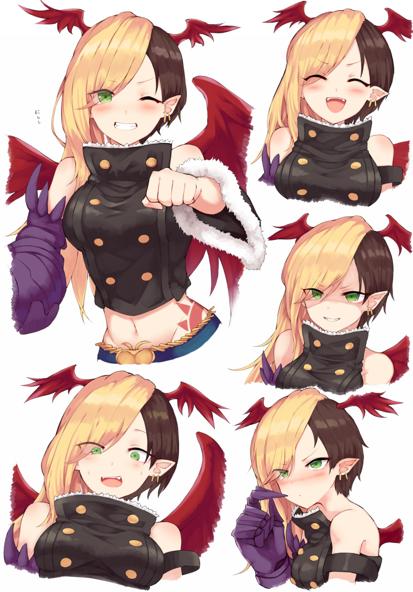 bare_shoulders blonde_hair blush breasts brown_hair buttons clenched_hand closed_eyes commentary_request crop_top detached_sleeves dot_nose double-breasted dragon_girl dragon_horns dragon_wings ear_piercing eyes_visible_through_hair fangs female fur-trimmed_sleeves fur_trim gauntlets green_eyes groin head_wings highres horns jewelry kaya_(princess_connect!) long_hair looking_at_viewer medium_breasts midriff multicolored_hair multiple_views navel nose_blush one_eye_closed open_mouth piercing pointy_ears princess_connect! red_horns red_wings shaded_face single_detached_sleeve single_gauntlet smile sweat teeth two-tone_hair v-shaped_eyebrows wings yamato_(muchuu_paradigm)