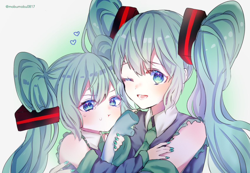 2girls aqua_eyes aqua_hair bare_shoulders blush detached_sleeves food forehead-to-forehead glaring green_necktie grey_shirt hachune_miku hair_ornament hatsune_miku heads_together heart highres holding holding_food holding_person holding_spring_onion holding_vegetable long_hair looking_at_viewer mobukyara_(mobumobu0817) multiple_girls necktie one_eye_closed open_mouth pout shirt sleeveless sleeveless_shirt smile spring_onion sweat twintails twitter_username upper_body vegetable very_long_hair vocaloid white_background white_shirt