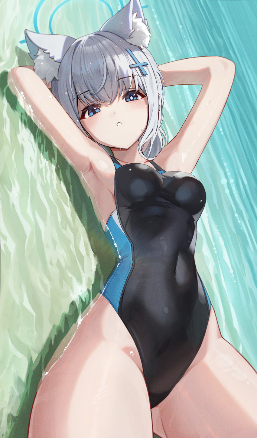 absurdres animal_ear_fluff animal_ears armpits arms_behind_head black_one-piece_swimsuit blue_archive blue_eyes blush breasts bright_pupils competition_swimsuit covered_navel cross_hair_ornament extra_ears female grey_hair hair_ornament halo highres hutosutoro looking_at_viewer medium_breasts medium_hair mismatched_pupils multicolored_clothes multicolored_swimsuit ocean official_alternate_costume one-piece_swimsuit ponytail shiroko_(blue_archive) shiroko_(swimsuit)_(blue_archive) solo swimsuit white_pupils wolf_ears