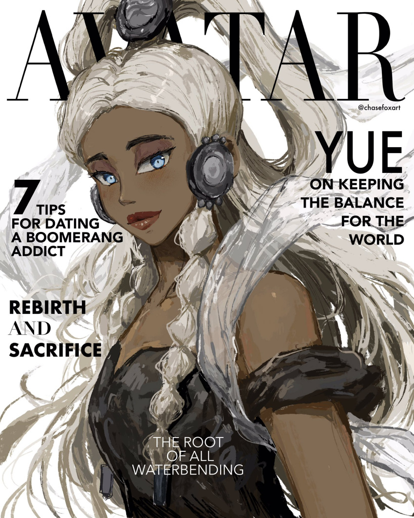 avatar:_the_last_airbender avatar_legends bad_id bad_twitter_id black_dress blonde_hair blush braid character_name chasefox cover dark-skinned_female dark_skin dress english_text eyeshadow fake_magazine_cover female forehead half_updo highres lipstick long_hair magazine_cover makeup mismatched_eyebrows nose off-shoulder_dress off_shoulder parted_hair red_lips side_braids solo thick_eyebrows twin_braids twitter_username upper_body yue_(avatar)