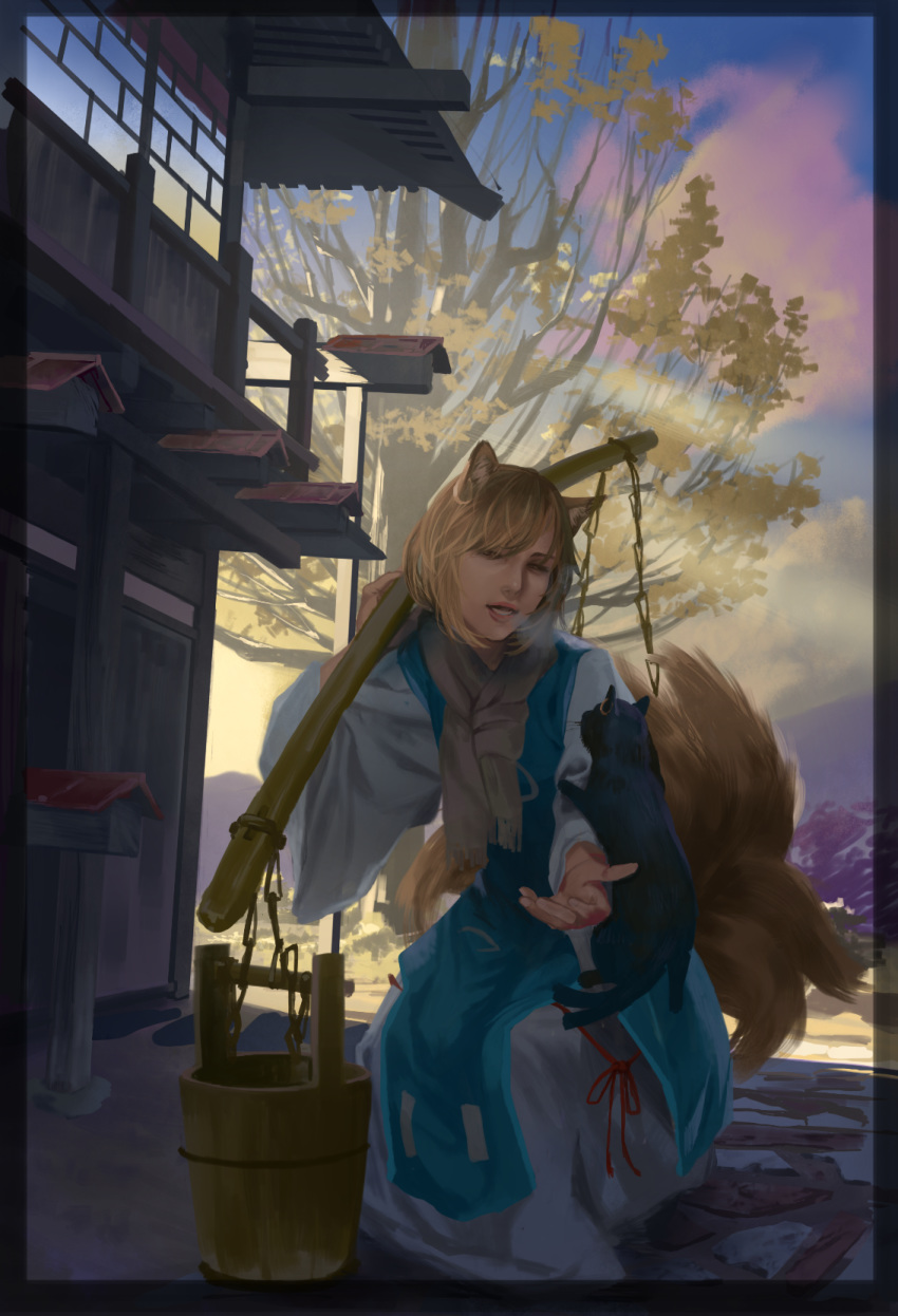 animal_ears animal_on_arm architecture black_border blonde_hair blue_sky border breath brown_scarf bucket carrying_pole cat_on_person chains chen chen_(cat) cloud cobblestone commentary_request day dress earrings east_asian_architecture feline female fox_ears fox_tail hidebo highres jewelry lips looking_down lower_teeth_only multiple_tails nekomata no_headwear nose open_mouth outdoors outstretched_arm parted_lips scarf short_hair single_earring sky solo squatting tabard tail teeth touhou tree two_tails white_dress yakumo_ran