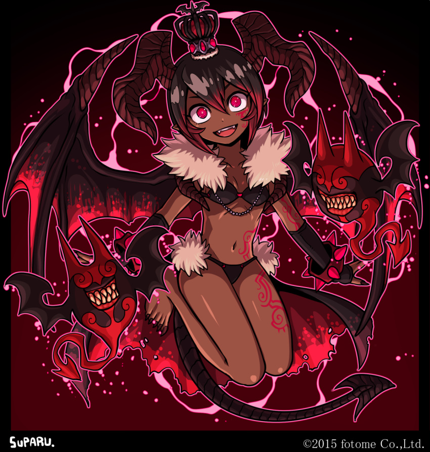 artist_name barefoot bikini black_hair breasts commentary_request copyright_notice dark-skinned_female dark_skin demon_girl demon_horns demon_tail demon_wings facial_tattoo fangs female full_body gradient_hair hair_between_eyes highres horns multicolored_hair navel open_mouth original red_eyes red_hair sharp_toenails small_breasts smile solo suparu_(detteiu) swimsuit tail tattoo toenails wings