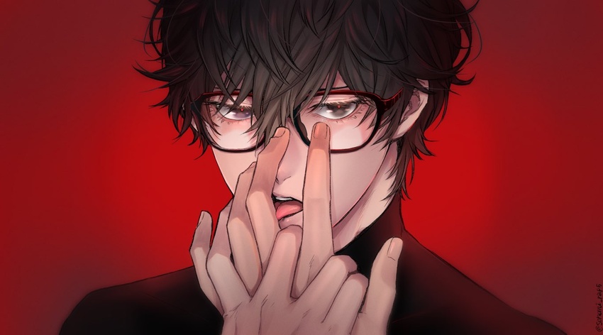 2boys amamiya_ren black_eyes black_hair black_shirt breasts cleavage commentary_request glasses hair_between_eyes half-closed_eyes licking licking_hand looking_at_viewer male_focus multiple_boys persona persona_5 portrait red_background shirt simple_background solo_focus sonomi tongue yaoi