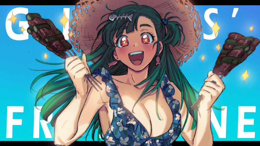 :d blue_background blue_one-piece_swimsuit blush breasts cleavage commentary copyright_name cretaceum earrings female fish_bone fish_earrings food frilled_one-piece_swimsuit frills g28_(girls'_frontline) g28_(tropical_storm)_(girls'_frontline) girls'_frontline green_hair hair_bobbles hair_ornament happy hat highres holding holding_skewer jewelry kebab large_breasts letterboxed long_hair looking_at_viewer mole mole_on_breast official_alternate_costume one-piece_swimsuit one_side_up open_mouth red_eyes skewer smile solo sparkle sparkling_eyes straw_hat swimsuit upper_body