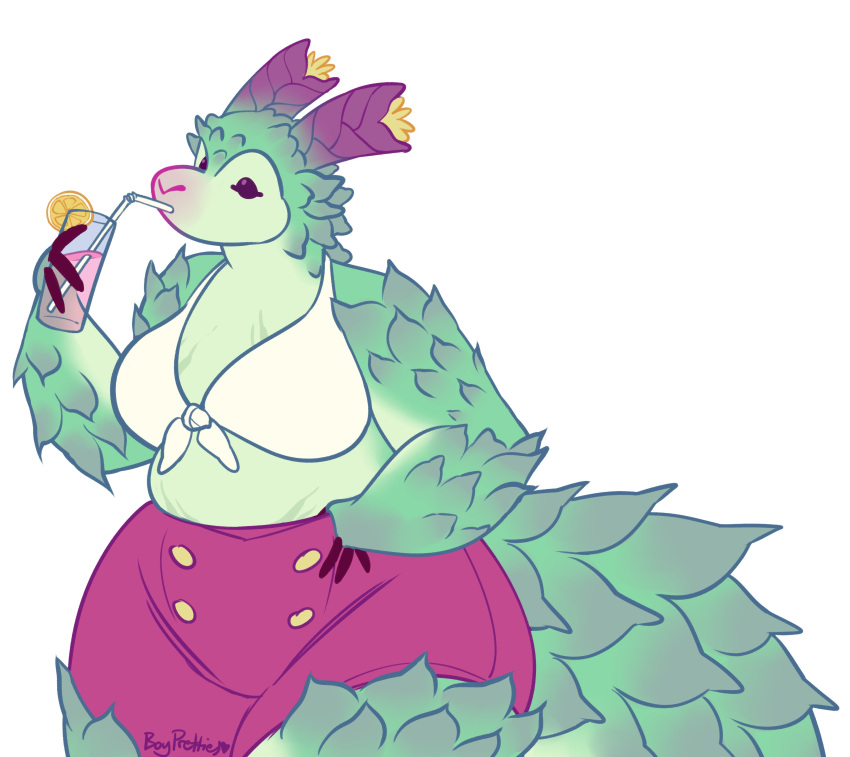 absurd_res anthro beverage biped bottomwear boypretties breasts button_(fastener) clothed clothing dragon drinking fancy_drink female green_body hi_res horn mythological_creature mythological_scalie mythology non-mammal_breasts scales scalie solo tail topwear