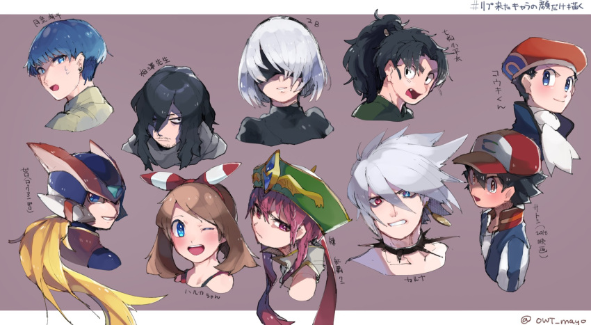 2b_(nier:automata) 2girls 6+boys android bad_id bad_twitter_id baseball_cap black_hair blindfold blonde_hair blue_eyes blue_hair blush boku_no_hero_academia bow_hairband brown_eyes brown_hair character_name chikichi commentary_request crossover earrings eraser_head_(boku_no_hero_academia) facial_hair fate/extra fate/extra_ccc fate_(series) hair_over_one_eye hairband hat helmet heterochromia highres jewelry karna_(fate) long_hair looking_back lucas_(pokemon) magi_the_labyrinth_of_magic may_(pokemon) mega_man_(series) mega_man_zero_(series) multiple_boys multiple_crossover multiple_girls nanamatsu_koheita nier:automata nier_(series) one_eye_closed open_mouth pokemon pokemon_(anime) pokemon_dppt pokemon_oras pokemon_platinum pokemon_the_movie:_i_choose_you! rakudai_ninja_rantarou red_hairband red_headwear ren_kouha satoshi_(pokemon) short_hair smile starmyu sweat teeth tongue tsukigami_kaito white_hair zero(z)_(mega_man) zero_(mega_man)