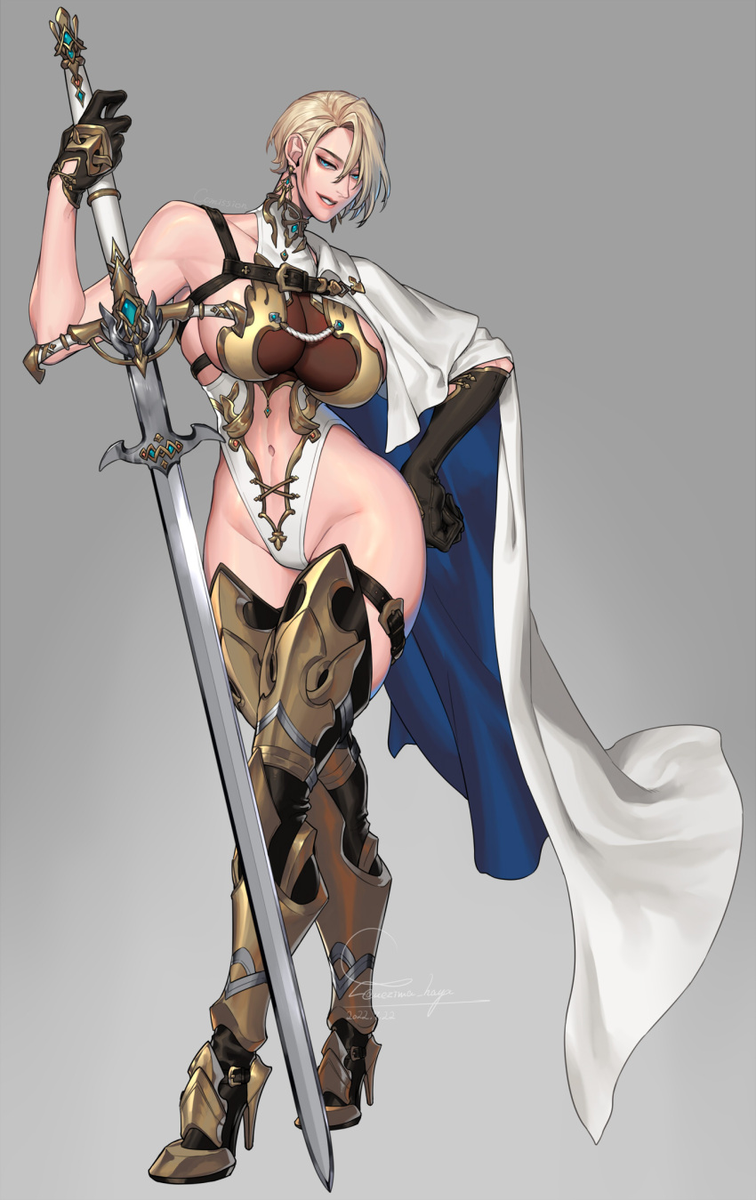 asymmetrical_gloves bare_shoulders blonde_hair blue_eyes breasts cape clothing_cutout commission earrings female gloves hand_on_own_hip high_heels highres izayoi04 jewelry leg_armor leotard mismatched_gloves navel_cutout original short_hair skeb_commission solo sword weapon