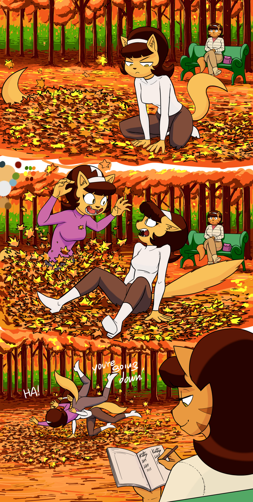 2020 absurd_res anthro autumn bench boots clothed clothing colored daughter_(lore) domestic_cat felid feline felis female fight footwear forest fully_clothed group hi_res katty_katswell kitty_katswell leaf leaf_pile mammal mature_anthro mature_female mother_(lore) mother_and_child_(lore) mother_and_daughter_(lore) mrs._katswell nickelodeon parent_(lore) parent_and_child_(lore) parent_and_daughter_(lore) plant redout sibling_(lore) sister_(lore) sisters_(lore) sitting t.u.f.f._puppy tree trio twins_(lore)