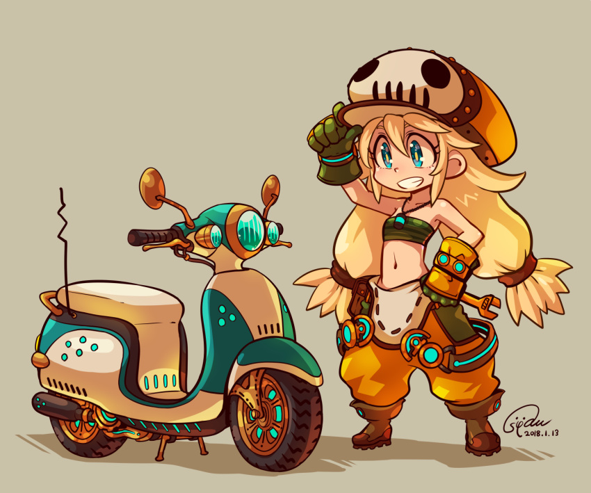 adjusting_clothes adjusting_headwear aqua_eyes baggy_pants blonde_hair boots brown_footwear commentary_request dated female gloves graffiti_smash grin hat highres jewelry low_twintails midriff motor_vehicle navel necklace pants scooter signature smile solo strapless suparu_(detteiu) tube_top twintails