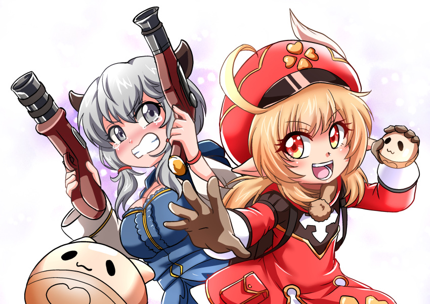 2girls :d ahoge atawatsho backpack bag breasts brown_gloves brown_scarf cabbie_hat camieux cleavage clover_print coat commentary crossover dual_wielding english_commentary genshin_impact gloves gradient_background granblue_fantasy grey_eyes grey_hair gun hair_between_eyes handgun hat highres holding horns jumpy_dumpty klee_(genshin_impact) kuno_misaki light_brown_hair long_hair looking_at_viewer low_twintails multiple_girls open_mouth orange_eyes pointy_ears randoseru red_coat scarf sidelocks simple_background smile tears throwing twintails voice_actor_connection weapon