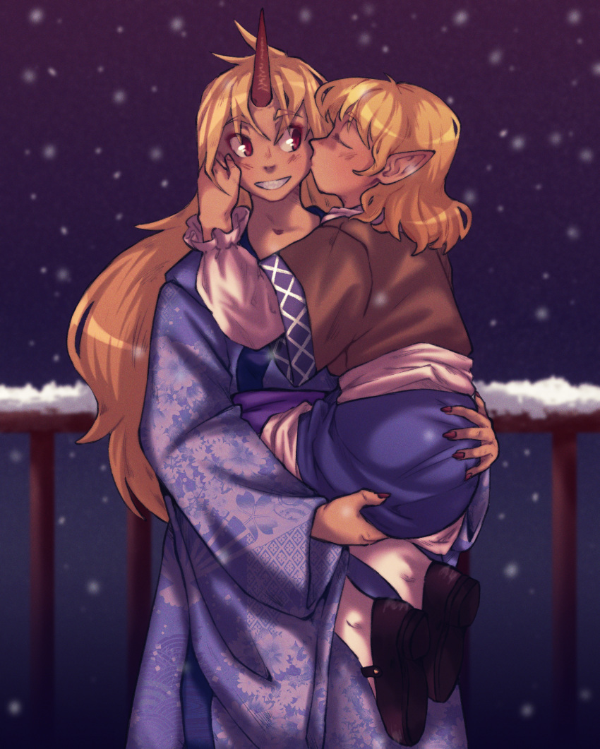 2girls arm_warmers blonde_hair blue_kimono blush brown_jacket carrying carrying_person closed_eyes commentary daitoko full_body grin highres horns hoshiguma_yuugi hoshiguma_yuugi_(kimono) jacket japanese_clothes kimono kissing kissing_cheek long_hair looking_at_another looking_to_the_side medium_hair mizuhashi_parsee multicolored_clothes multicolored_jacket multiple_girls official_alternate_costume pointy_ears railing red_eyes sash scarf short_sleeves single_horn smile snow snowing touhou white_sash white_scarf yuri