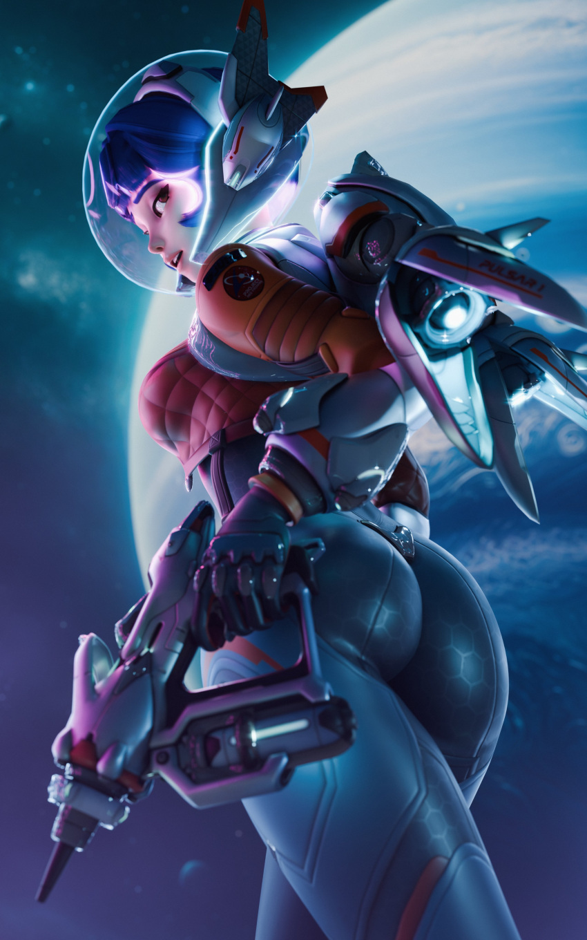 1girls 2024 3d astronaut_helmet bangs big_ass bloo3d blue_hair boobs_and_butt_pose brown_eyes crop_top_jacket female female_only futuristic_armor gloves helmet holding_weapon jetpack juno_(overwatch) legs_out_of_frame looking_at_viewer looking_back looking_over_shoulder medium_breasts neon_hair overwatch overwatch_2 planet purple_streak round_breasts short_hair skinny skinny_female skintight skintight_bodysuit solo space_background teo_minh