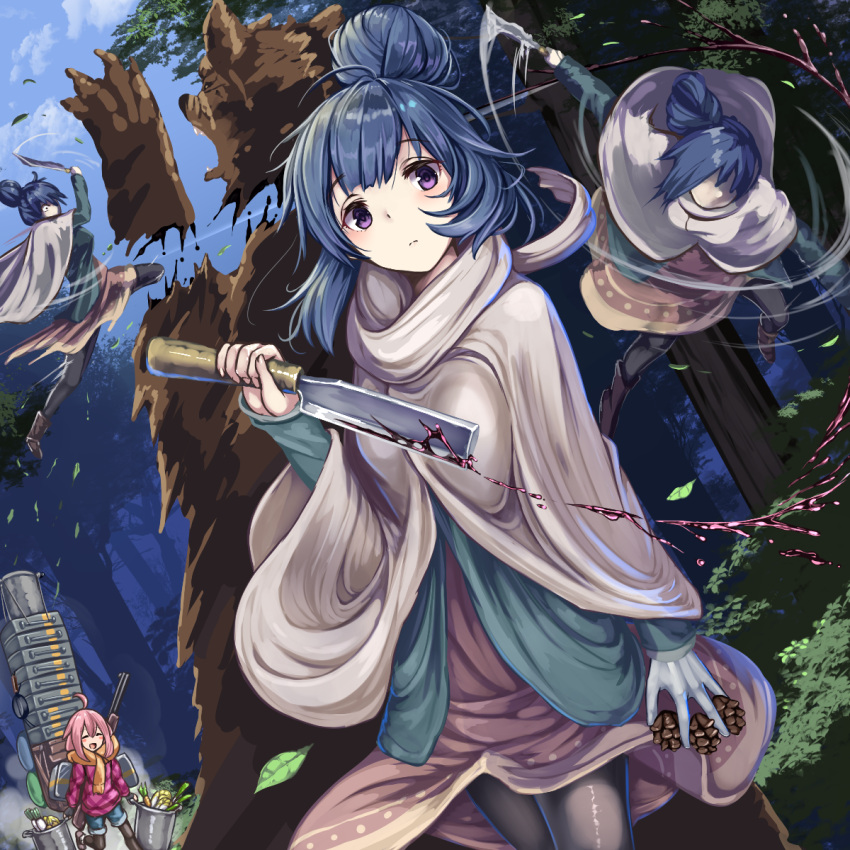 2girls ahoge axe bear blood blue_hair blue_sky closed_eyes cloud day food forest hair_bun hatchet_(axe) highres hotpot jumping kagamihara_nadeshiko long_hair looking_at_viewer monikano motion_lines multiple_girls nature outdoors pinecone pink_hair poncho purple_eyes scarf serious shima_rin sky slashing smile suitcase too_much_food tree vegetable winter_clothes yurucamp