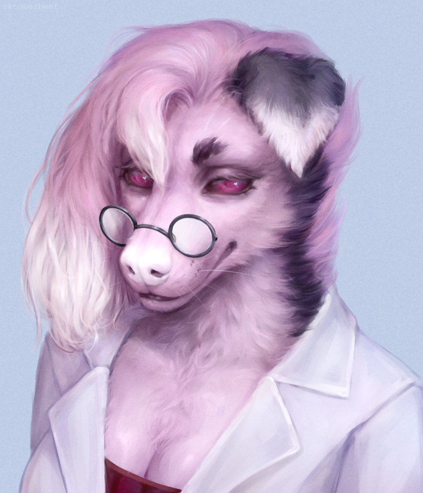 anthro black_body black_fur breasts cleavage clothed clothing coat eyewear female fluffy fur generation_7_pokemon glasses hair hi_res lab_coat looking_at_viewer lycanroc midnight_lycanroc nintendo oktoberbeef pink_body pink_fur pink_hair pokemon pokemon_(species) purple_eyes realistic red_clothing red_shirt red_topwear shirt solo tarroc_(original_character) topwear whiskers white_body white_fur white_hair white_nose