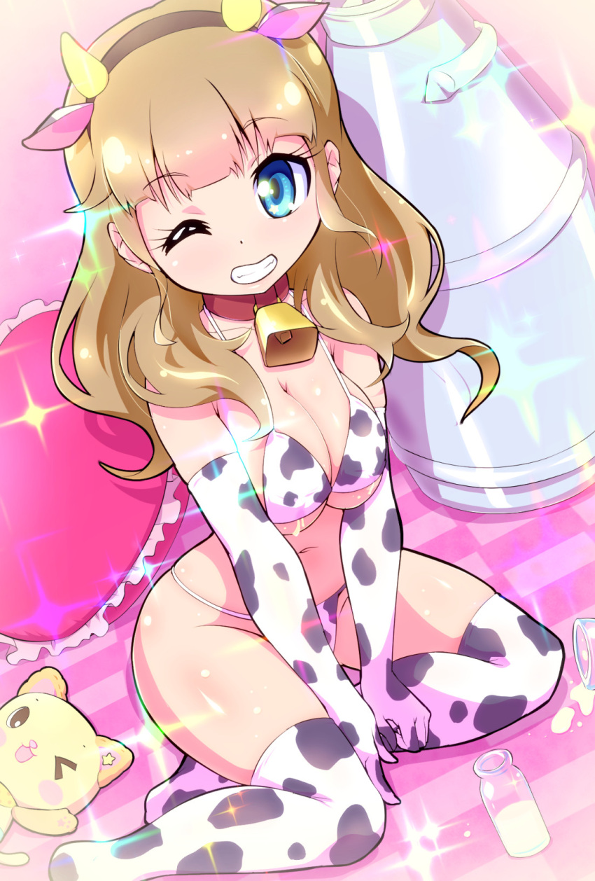 animal_collar animal_ears animal_print arms_between_legs bell bikini black_hairband blue_eyes blunt_bangs bottle breasts brown_hair cleavage collar cow_ears cow_horns cow_print cow_print_bikini cowbell dutch_angle elbow_gloves eyelashes fake_animal_ears fake_horns female frilled_pillow frills gloves grin hairband heart heart-shaped_pillow highres horns large_breasts light_brown_hair long_hair looking_at_viewer mewkledreamy milk milk_bottle navel neck_bell no_shoes one_eye_closed pillow print_bikini print_gloves print_thighhighs red_collar ryuuta_(cure_ryuuta) sitting smile solo sparkle spilled_milk string_bikini stuffed_animal stuffed_cat stuffed_toy swimsuit teeth thighhighs tsukishima_maira wavy_hair yokozuwari