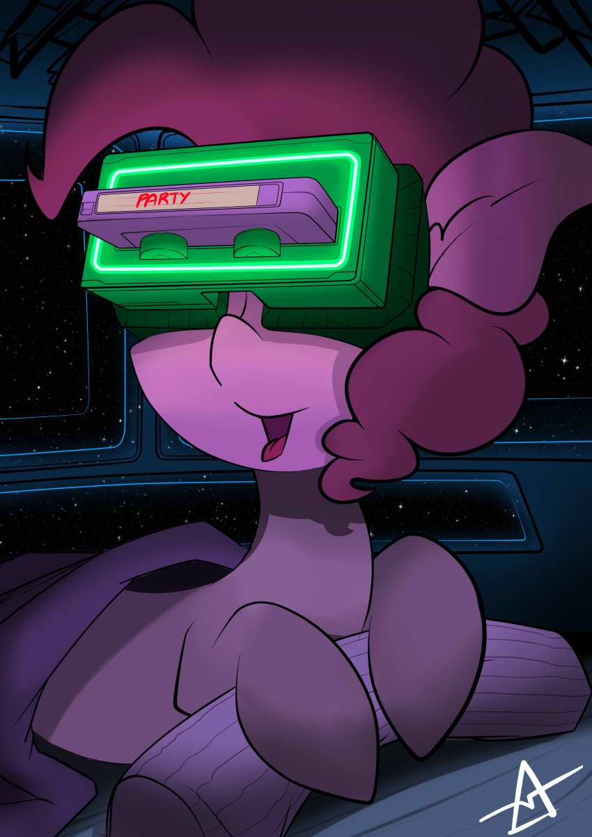 absurd_res ahekao bedding blanket female friendship_is_magic hasbro hi_res my_little_pony open_mouth pink_body pinkie_pie_(mlp) solo vhs_case virtual_reality visor