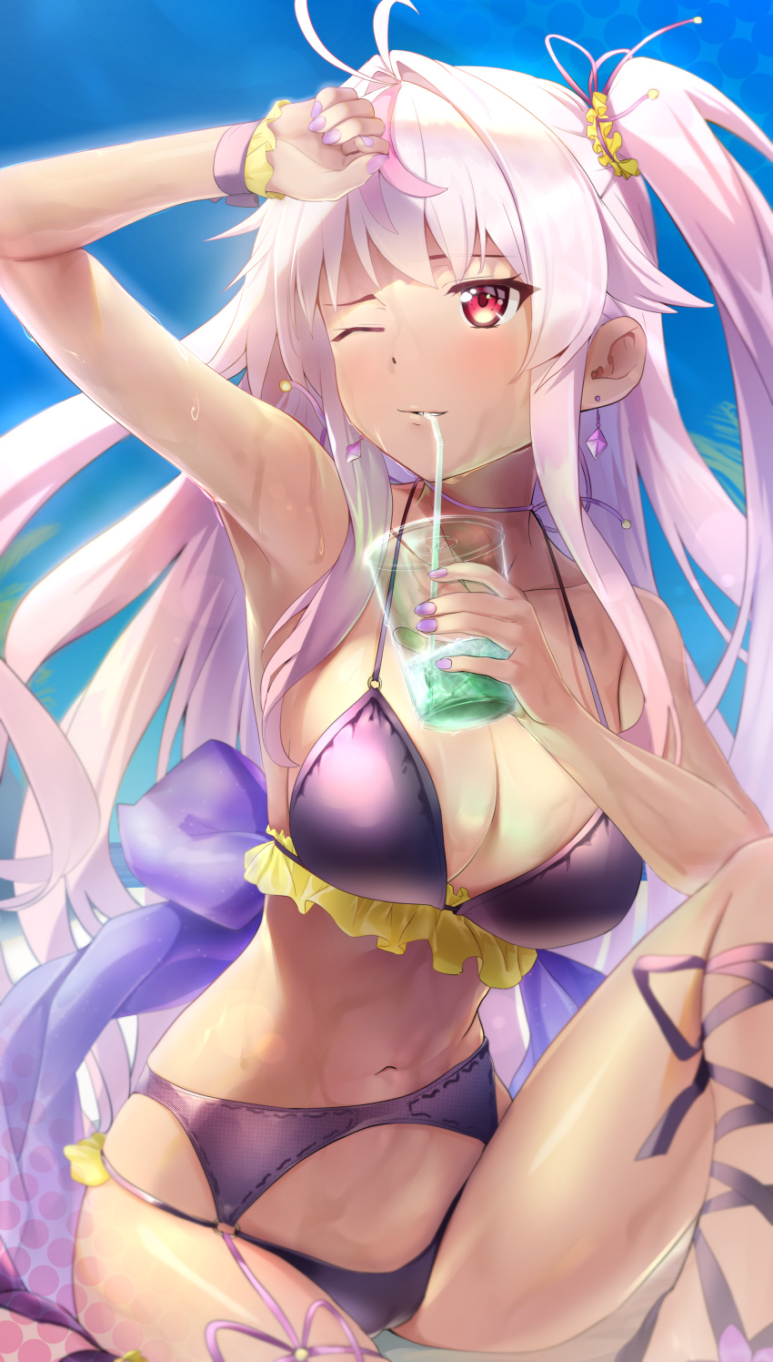 absurdres antenna_hair arm_up armpits azur_lane beach bikini blue_sky breasts cameltoe commentary_request cup drinking drinking_straw drinking_straw_in_mouth earrings female frilled_bikini frills grenville_(azur_lane) hair_intakes highres holding holding_cup jewelry large_breasts multicolored_hair navel one_eye_closed one_side_up outdoors pink_hair purple_bikini purple_hair purple_nails red_eyes sitting sky solo stomach streaked_hair swimsuit takumi_nosiro tan