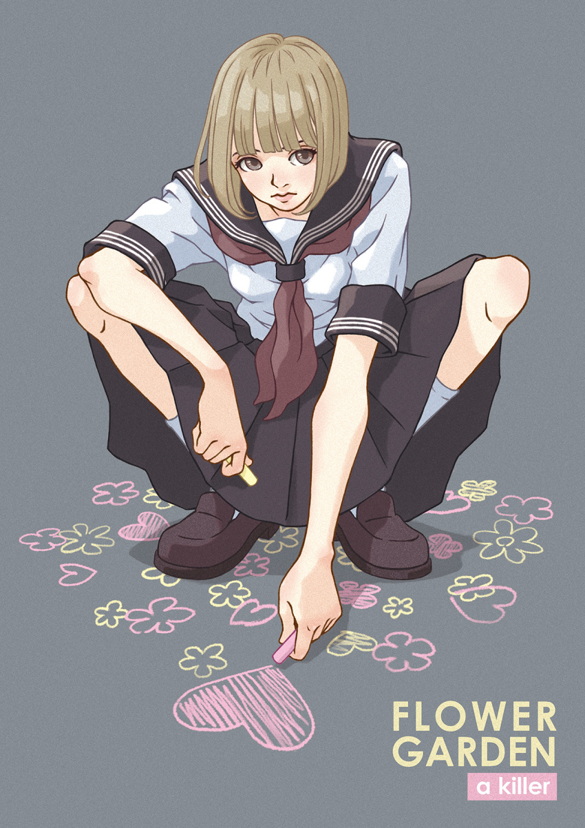 a_killer artist_name black_skirt blonde_hair brown_footwear chalk female heart highres looking_at_viewer medium_hair neckerchief original red_neckerchief school_uniform serafuku short_sleeves skirt slav_squatting socks squatting white_socks