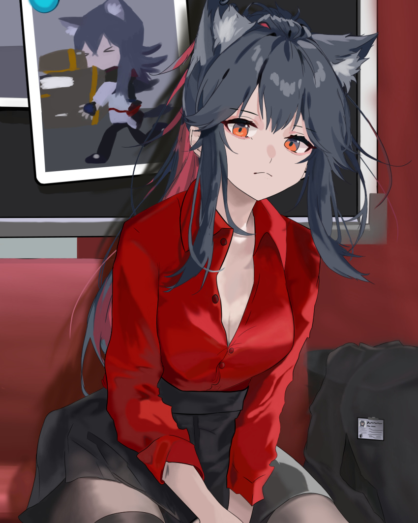 animal_ears arknights black_hair black_skirt breasts chalkboard cleavage closed_mouth collared_shirt cowboy_shot dot_nose extra_ears female frown hair_between_eyes highres horni_sui long_hair long_sleeves looking_at_viewer messy_hair multicolored_hair official_alternate_costume orange_eyes partially_unbuttoned photo_(object) ponytail red_hair red_shirt shirt sitting skirt solo texas_(arknights) texas_(willpower)_(arknights) texas_(winter_messenger)_(arknights) two-tone_hair wolf_ears wolf_girl