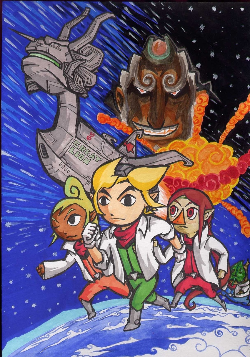 2boys 2girls artist_request company_connection cosplay crossover explosion falco_lombardi falco_lombardi_(cosplay) fox_mccloud fox_mccloud_(cosplay) fusion ganondorf gloves great_fox highres korok link makar medli monster_girl multiple_boys multiple_girls one_eye_closed parody peppy_hare photoshop_(medium) planet pointy_ears rito spacecraft star_fox tetra the_king_of_red_lions the_legend_of_zelda the_legend_of_zelda:_the_wind_waker toon_link