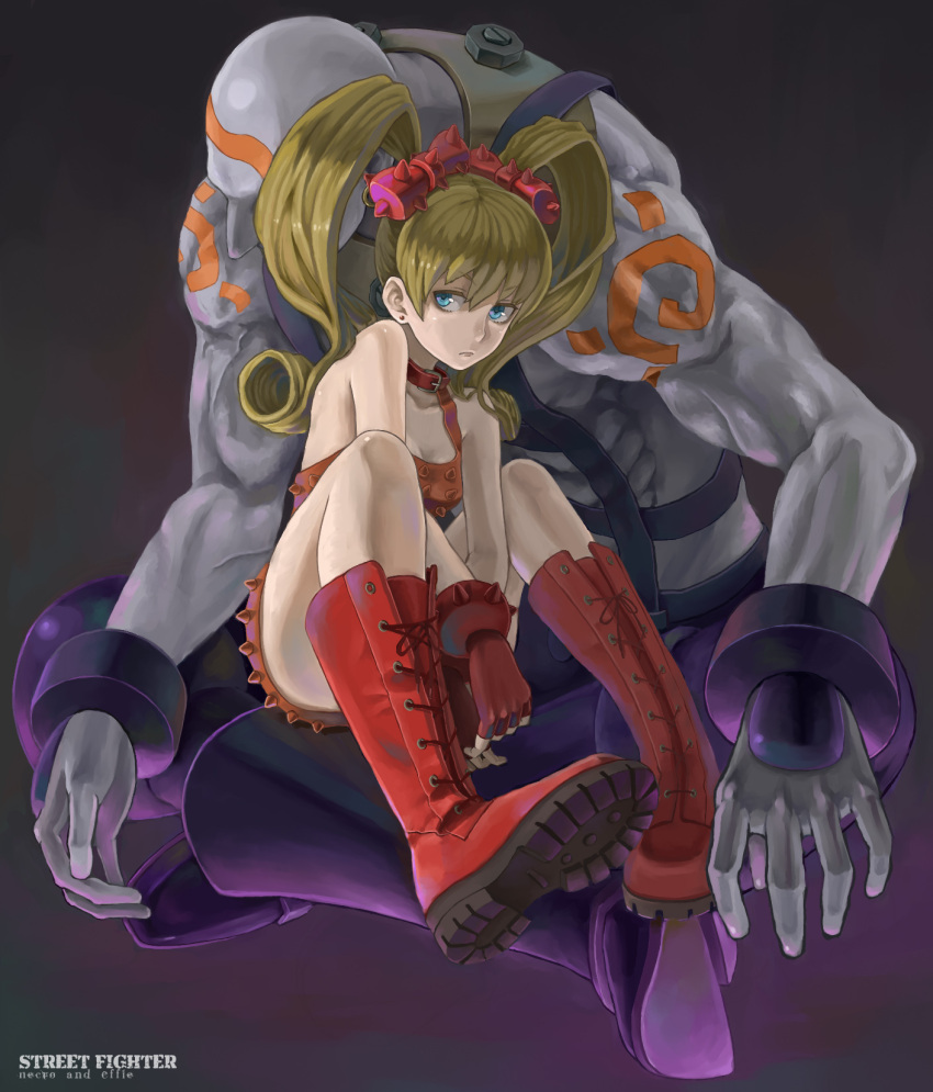 1boy blonde_hair blue_eyes boots character_name choker closed_mouth commentary_request copyright_name couple effie_(street_fighter) english_text female fingerless_gloves frown gloves highres metalinu muscular necro_(street_fighter) photoshop_(medium) red_footwear sitting straight street_fighter street_fighter_iii_(series) twintails