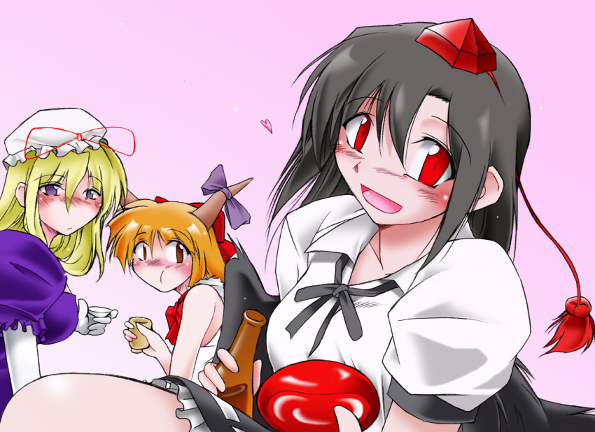 3girls angeldust commentary_request hat ibuki_suika looking_at_viewer multiple_girls shameimaru_aya touhou yakumo_yukari